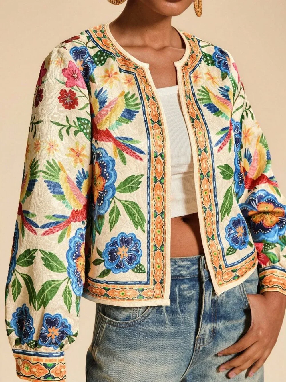 Multicolor Casual Women's Floral Print Open Front Light Boho Tropical top - Picture 1 of 7